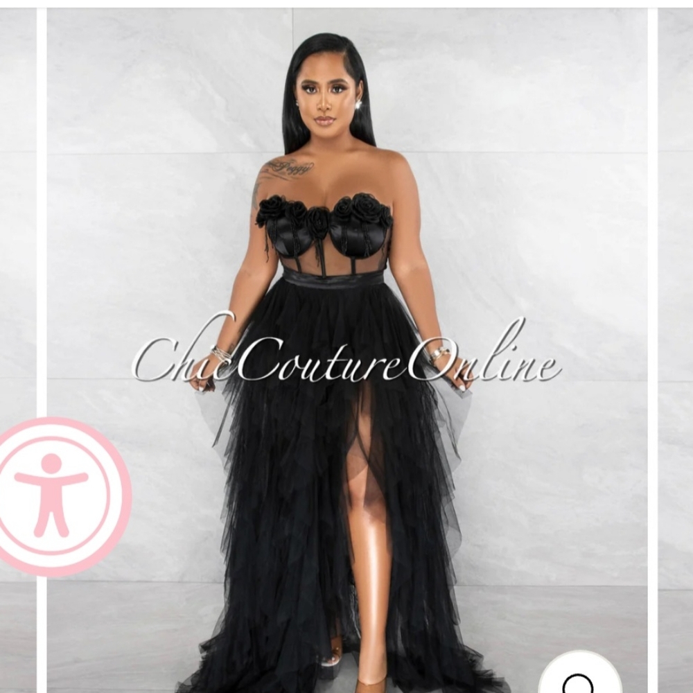 TAISA BLACK ROSES APPLIQUE BUST BODYSUIT MAXI DRESS ,WORE ONCE